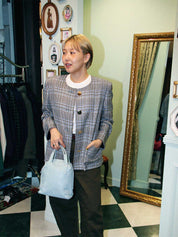 Glen Check Pattern Collarless Jacket in White/Black/Blue