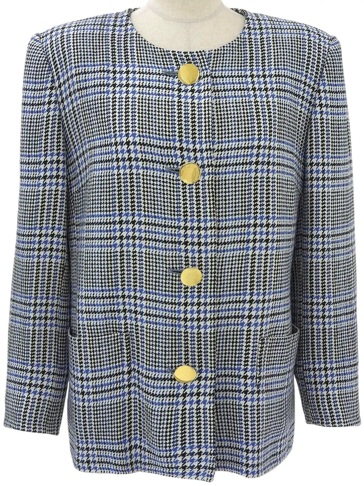 グレンチェックパターンノーカラージャケット ホワイト/ブラック/ブルー