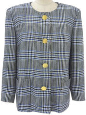 グレンチェックパターンノーカラージャケット ホワイト/ブラック/ブルー