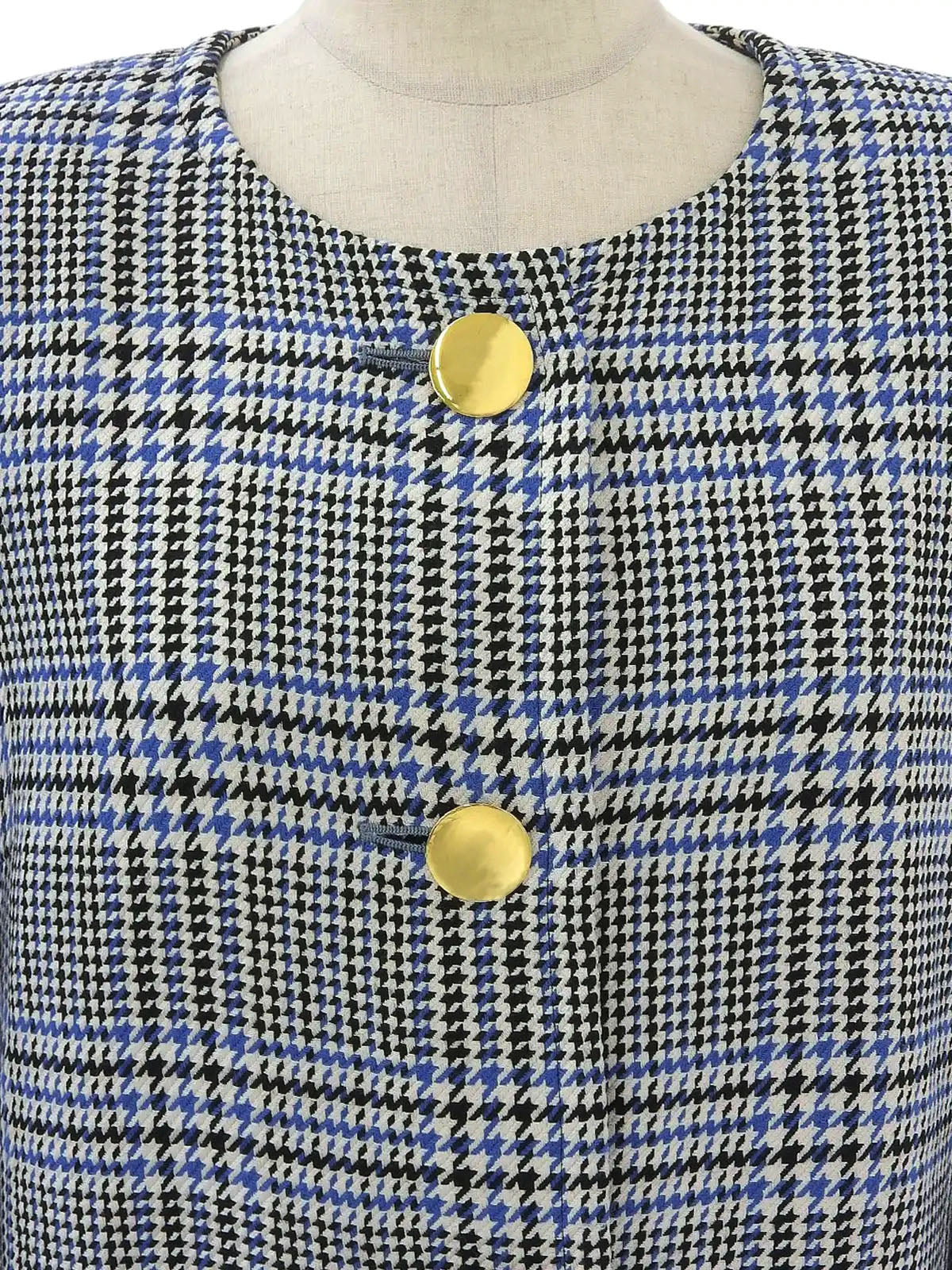 グレンチェックパターンノーカラージャケット ホワイト/ブラック/ブルー