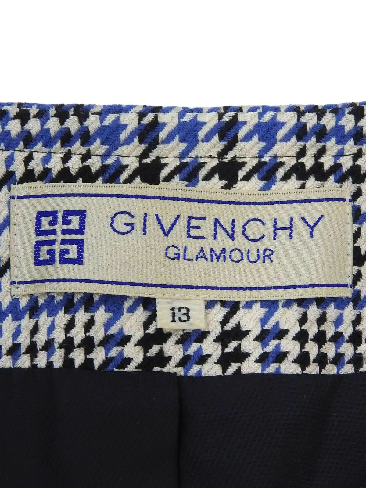 Glen check pattern collarless jacket in white/black/blue