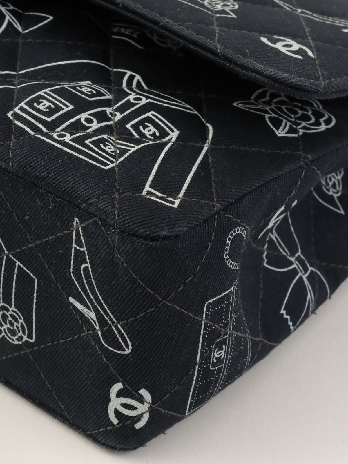 2001年製 キャンバスアイコンパターンクラシックフラップチェーンバッグ25cm ブラック