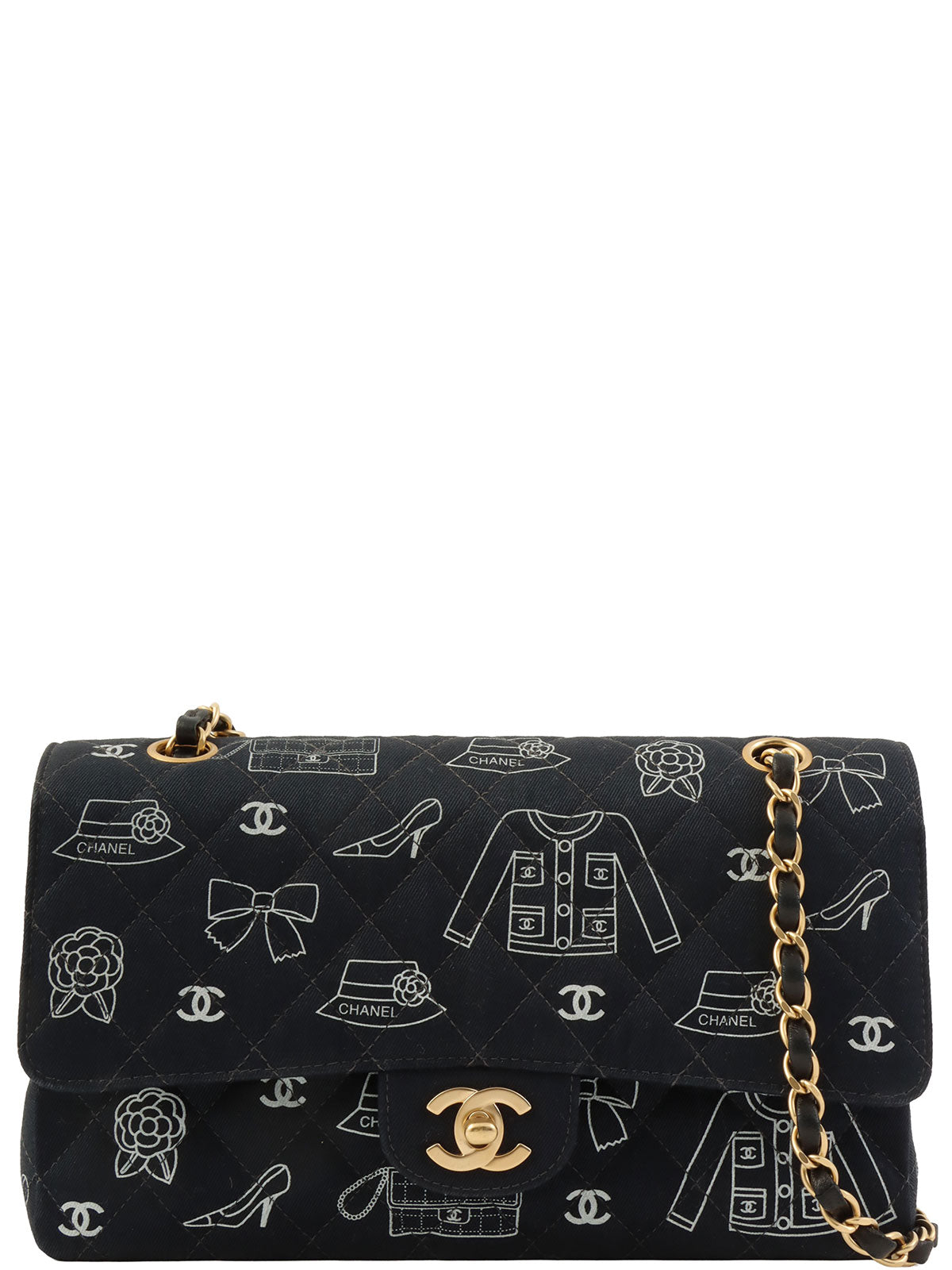 2001 Canvas Icon Pattern Classic Flap Chain Bag 25cm Black