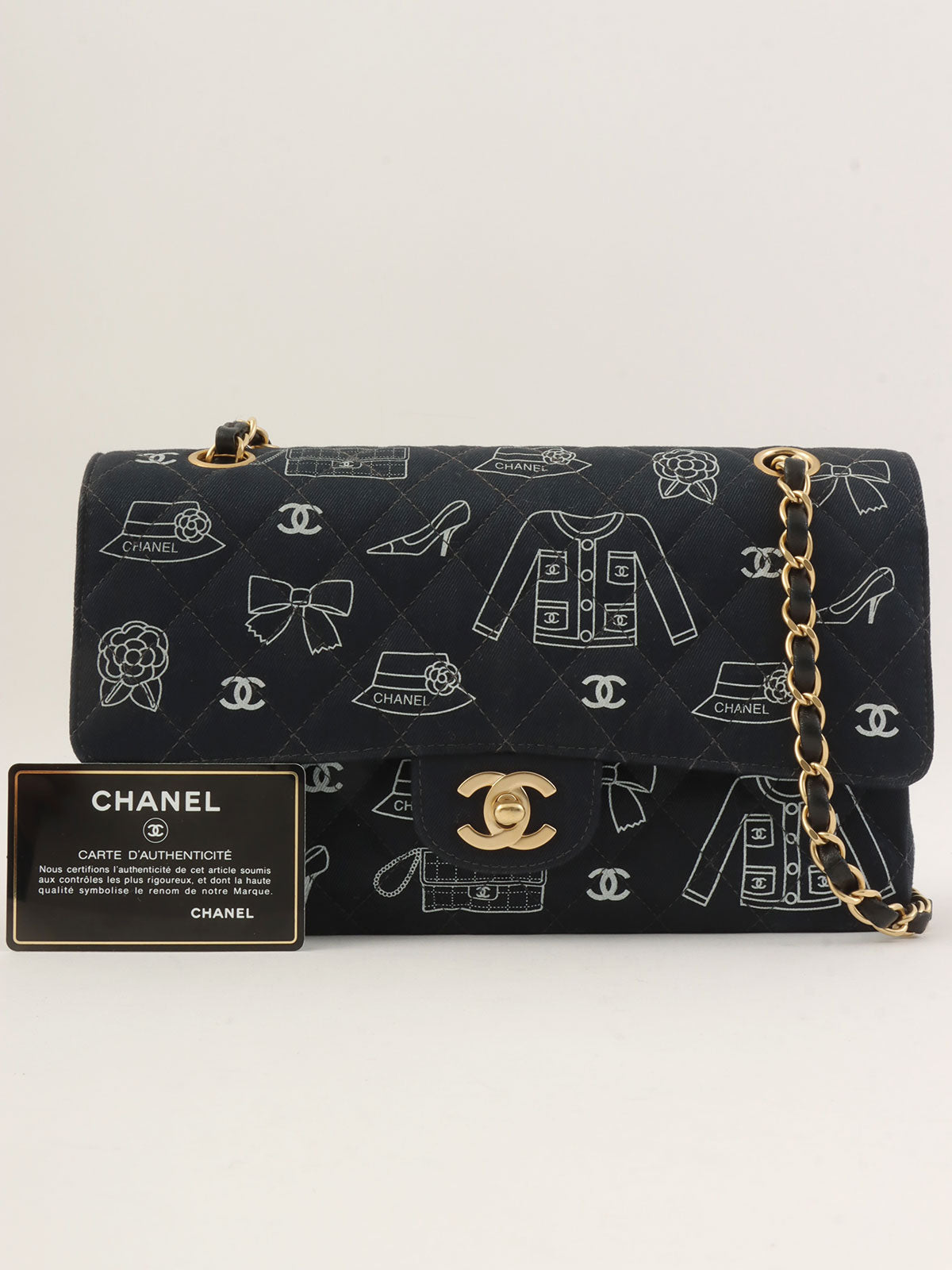 2001 Canvas Icon Pattern Classic Flap Chain Bag 25cm Black