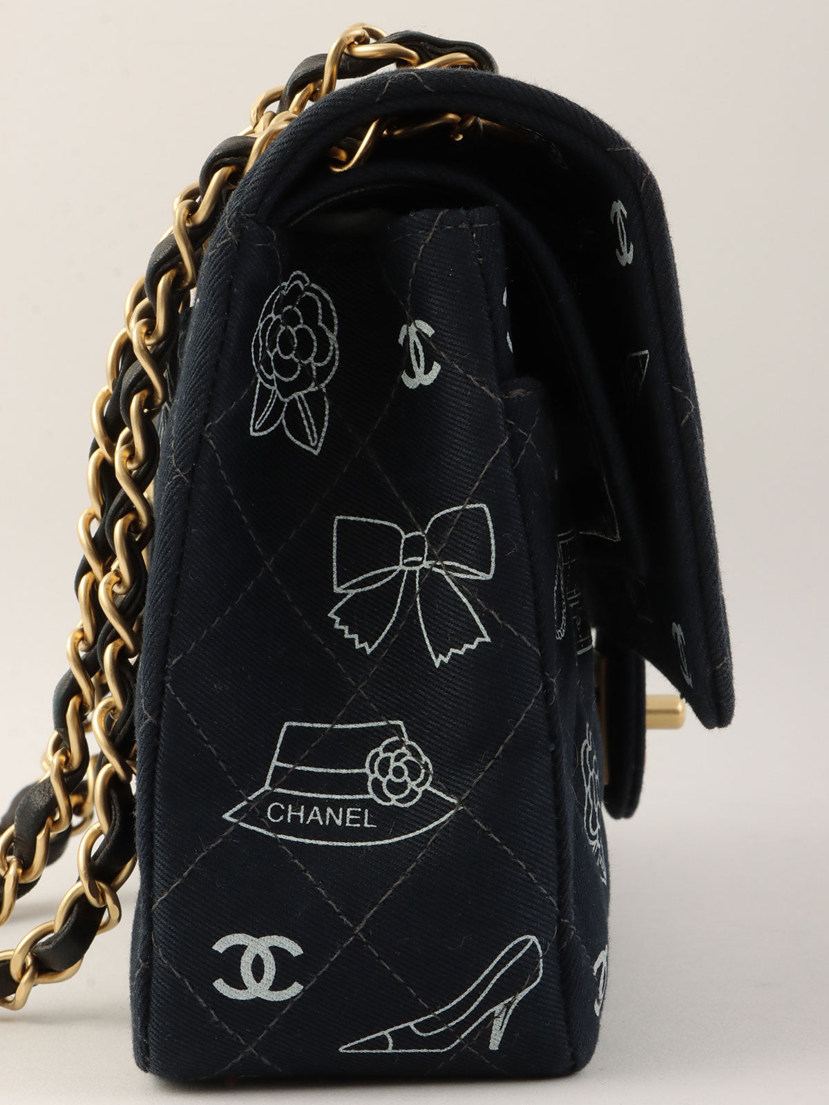 2001 Canvas Icon Pattern Classic Flap Chain Bag 25cm Black