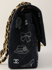 2001 Canvas Icon Pattern Classic Flap Chain Bag 25cm Black