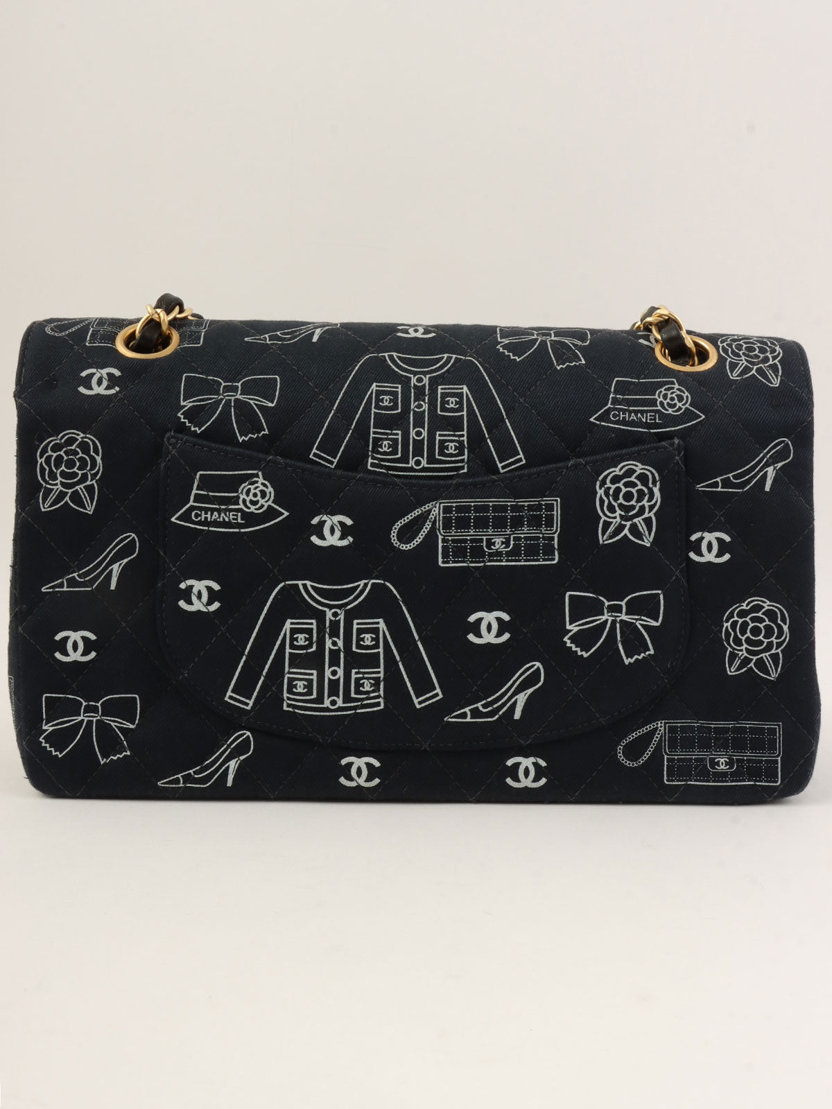 2001 Canvas Icon Pattern Classic Flap Chain Bag 25cm Black