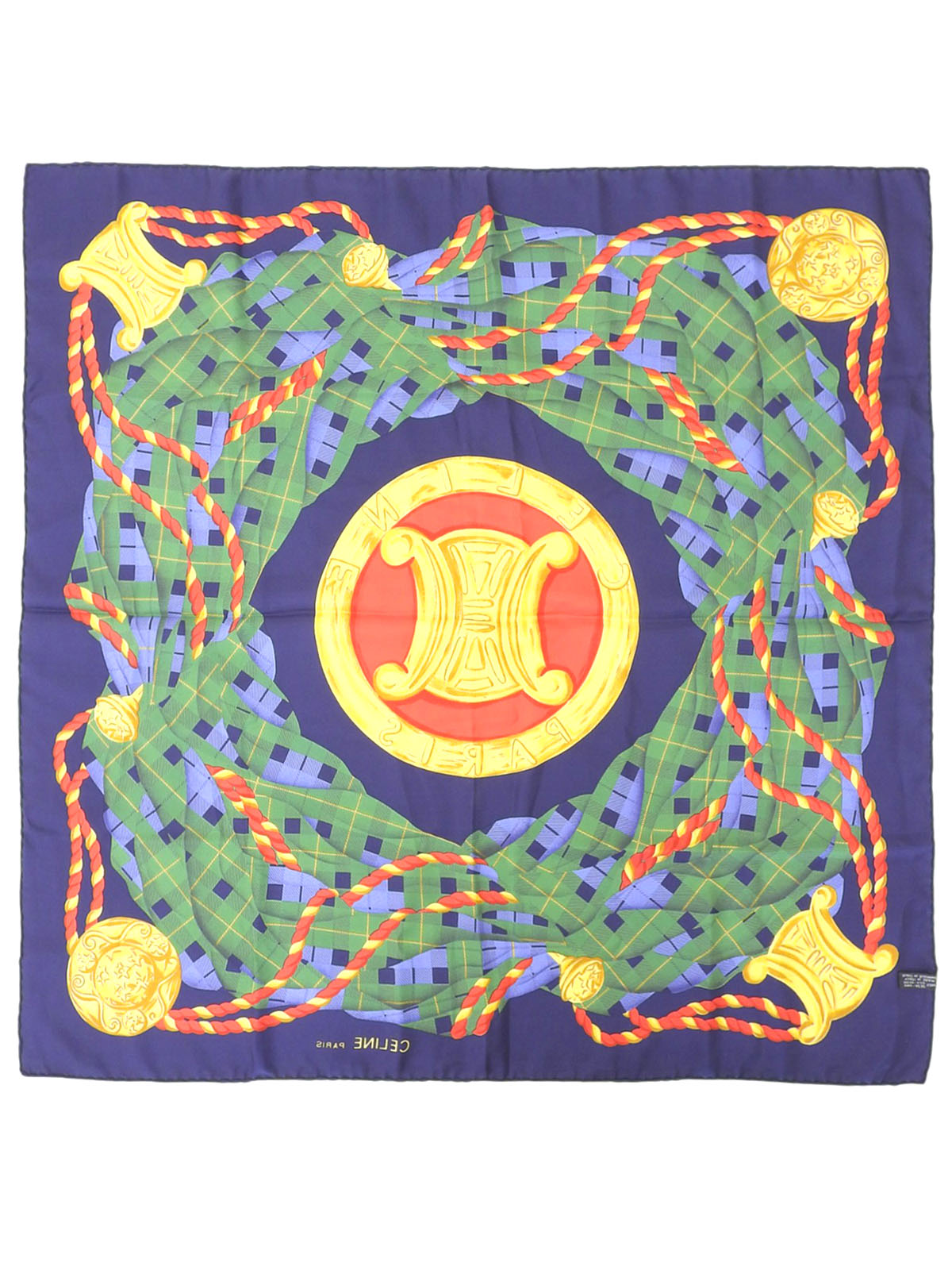 チェックパターンマカダムモチーフスカーフ ネイビー／グリーン／マルチ