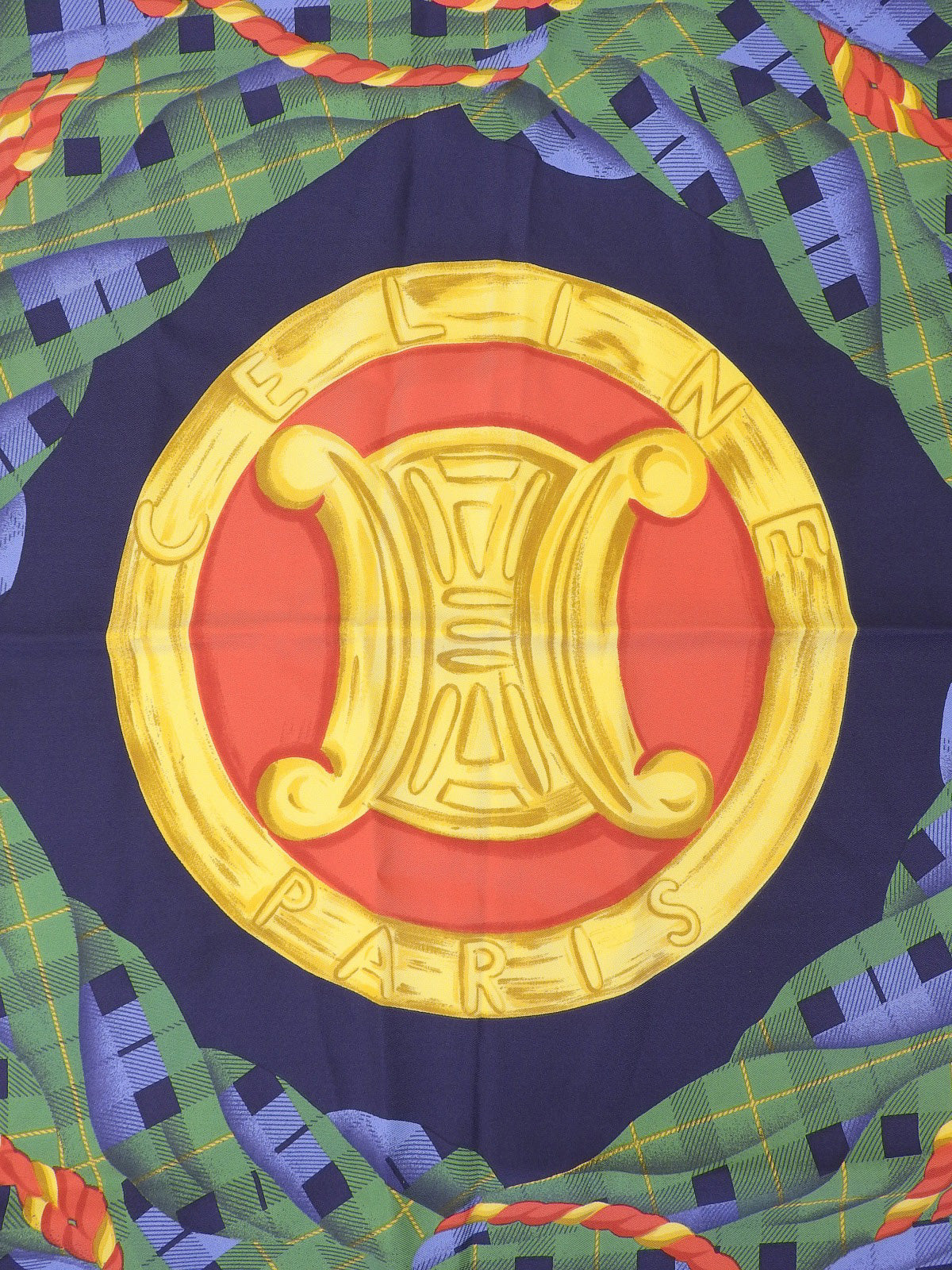 チェックパターンマカダムモチーフスカーフ ネイビー／グリーン／マルチ