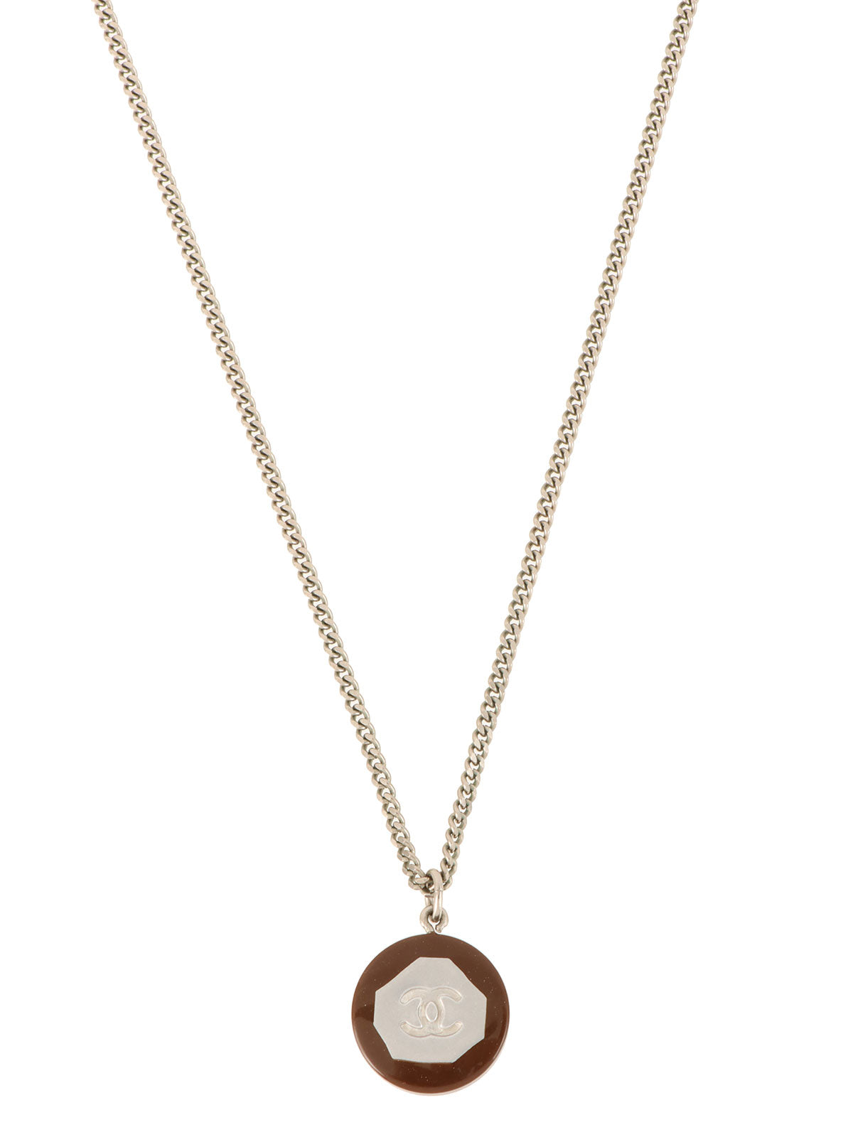 Round CC Mark Plate Necklace Brown/Silver