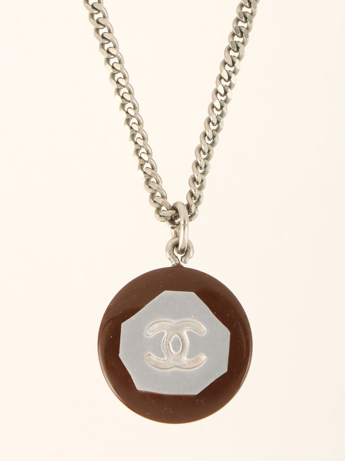 Round CC Mark Plate Necklace Brown/Silver