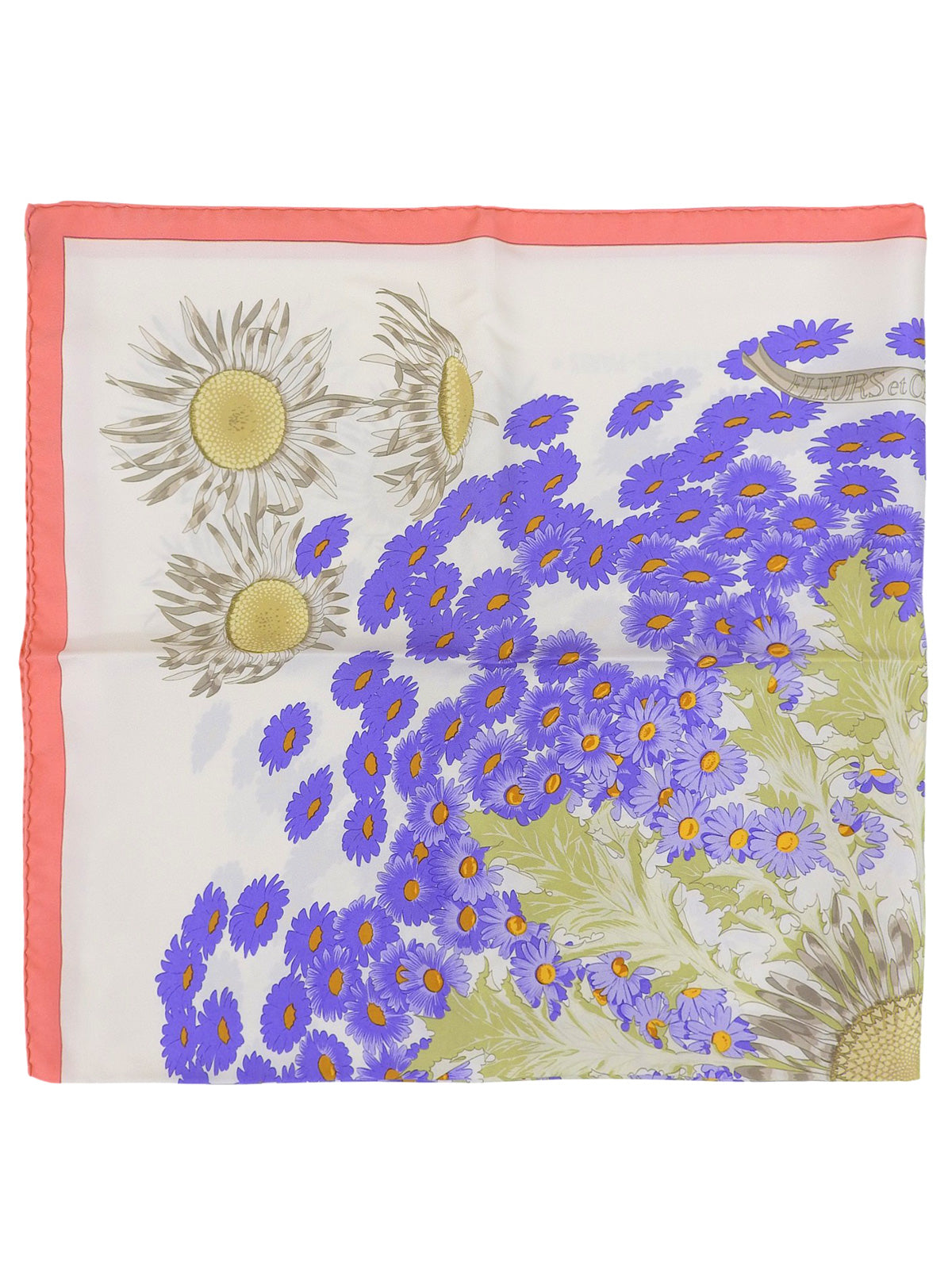 カレ90　FLEURS et CARLINESパターンスカーフ　ホワイト/マルチ