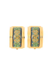 Enameled earrings in gold, green, and blue