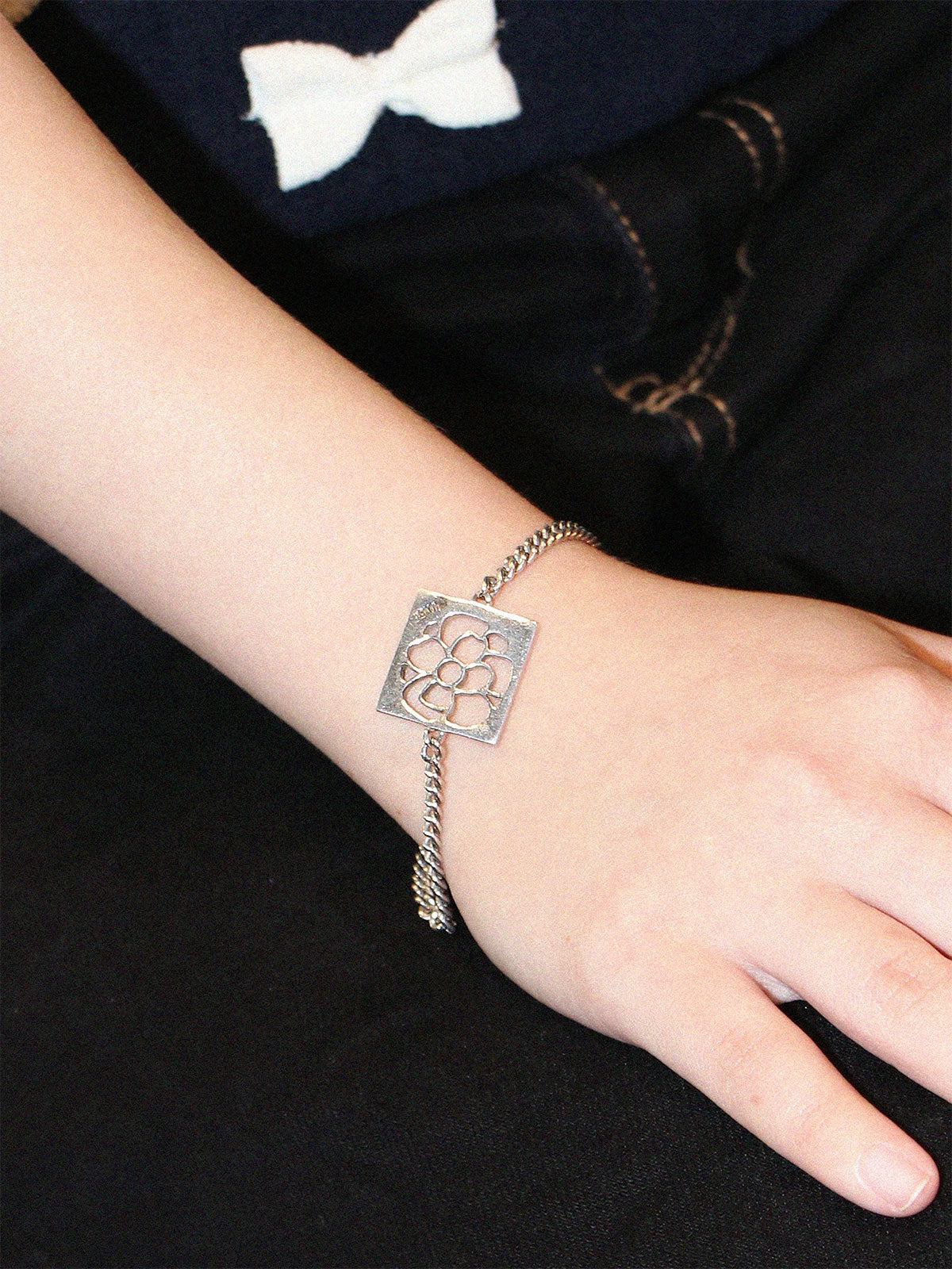 Square Camellia Cutout Bracelet in Silver