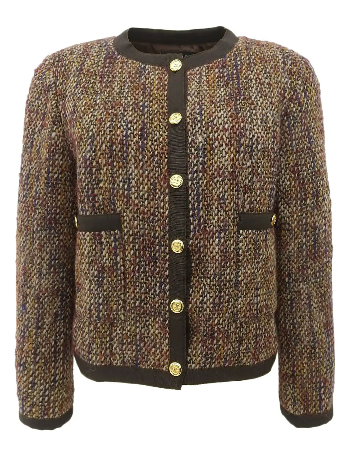Tweed CC Mark Collarless Jacket in Brown/Multi