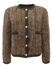 Tweed CC Mark Collarless Jacket in Brown/Multi
