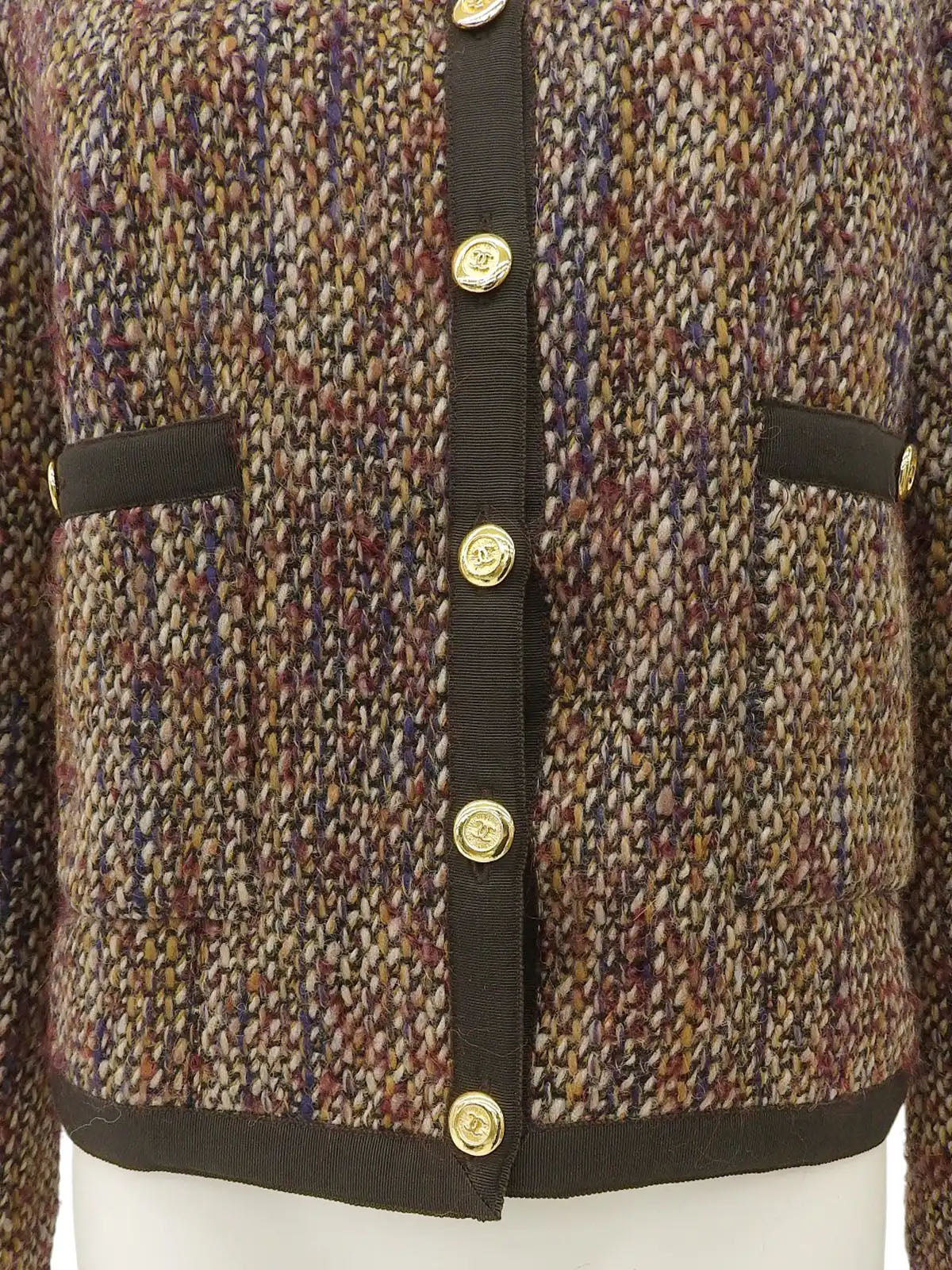 Tweed CC Mark Collarless Jacket in Brown/Multi