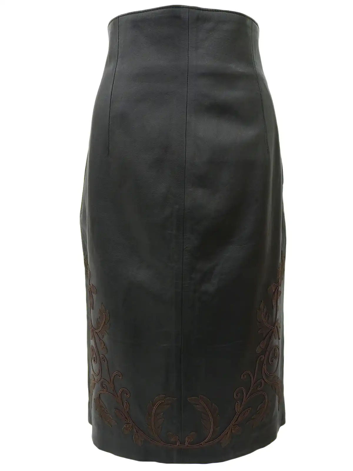 Leather Leaf Embroidered Tight Skirt in Black