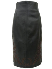 Leather Leaf Embroidered Tight Skirt in Black