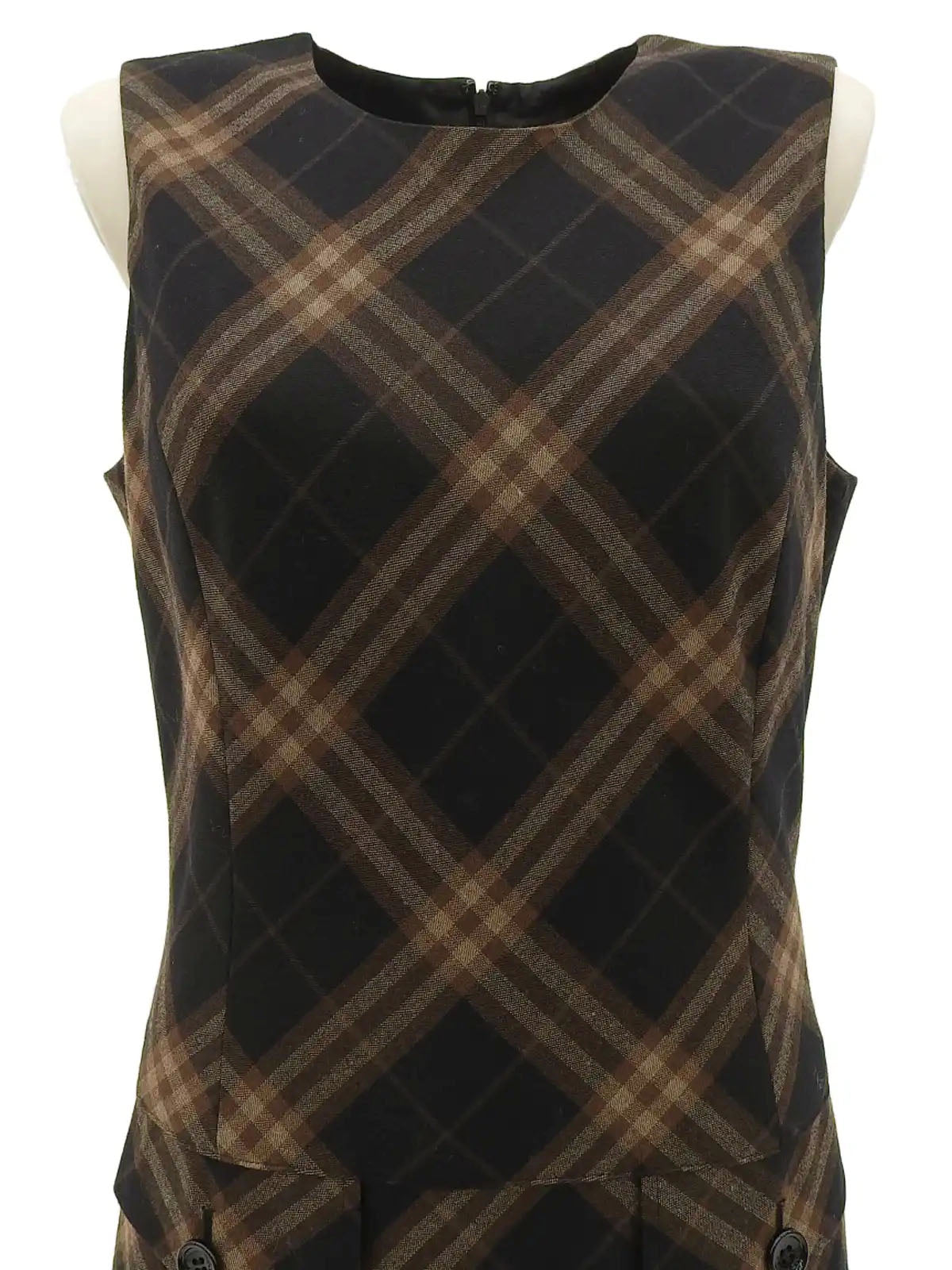 チェックパターンロゴボタンノースリーブワンピース　ブラウン／ブラック