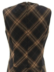 チェックパターンロゴボタンノースリーブワンピース　ブラウン／ブラック