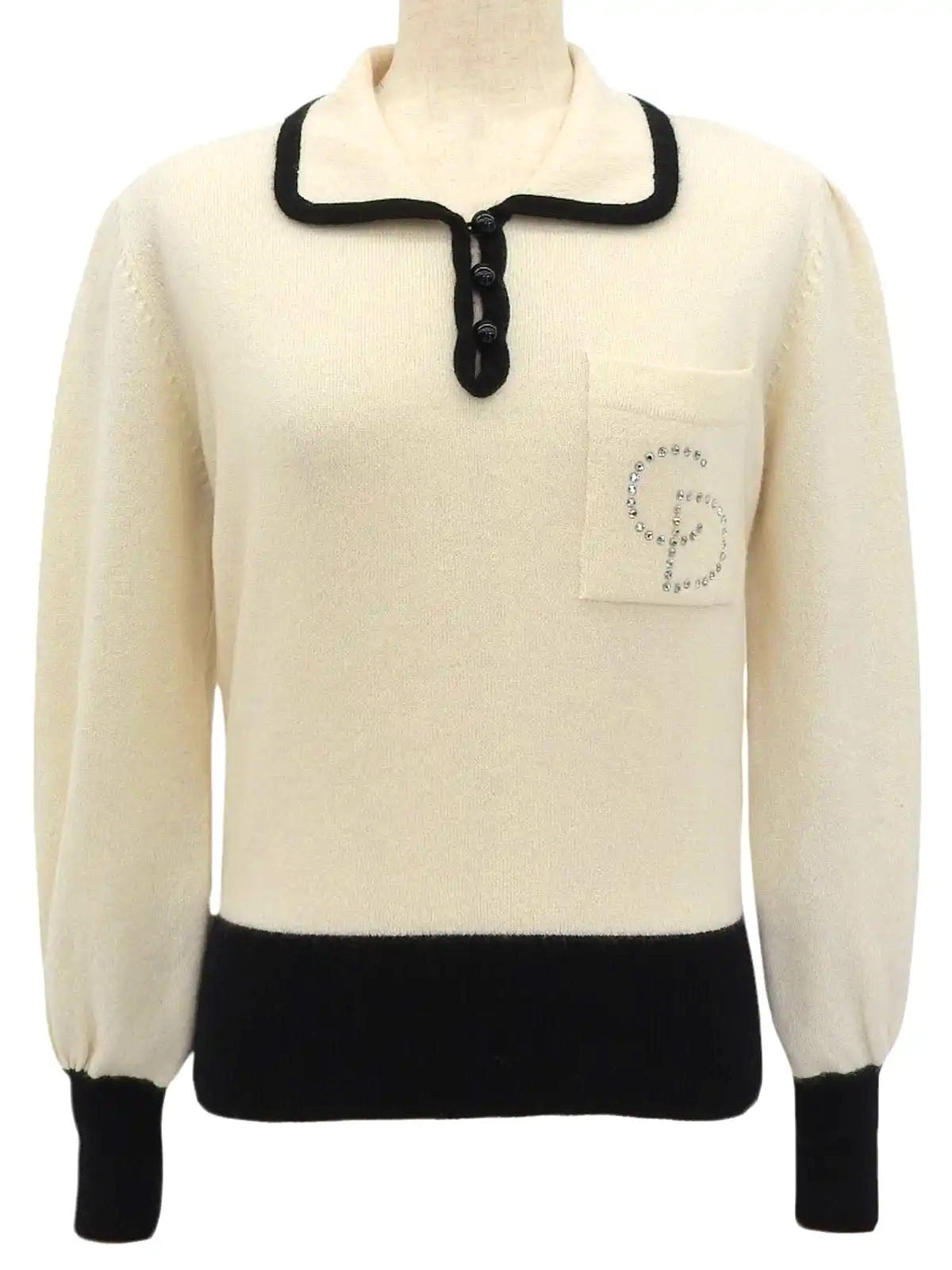 Two-tone rhinestone logo long sleeve knit top in ivory/black