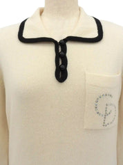 Two-tone rhinestone logo long sleeve knit top in ivory/black