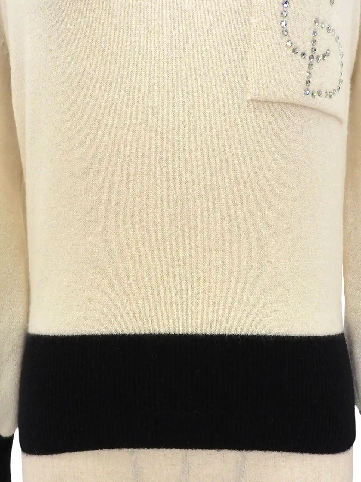 Two-tone rhinestone logo long sleeve knit top in ivory/black
