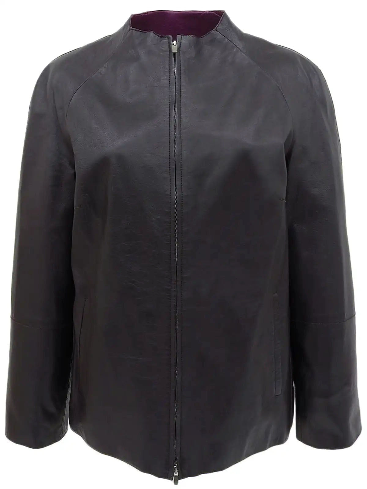 Leather collarless zip-up jacket in purple