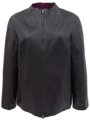 Leather collarless zip-up jacket in purple
