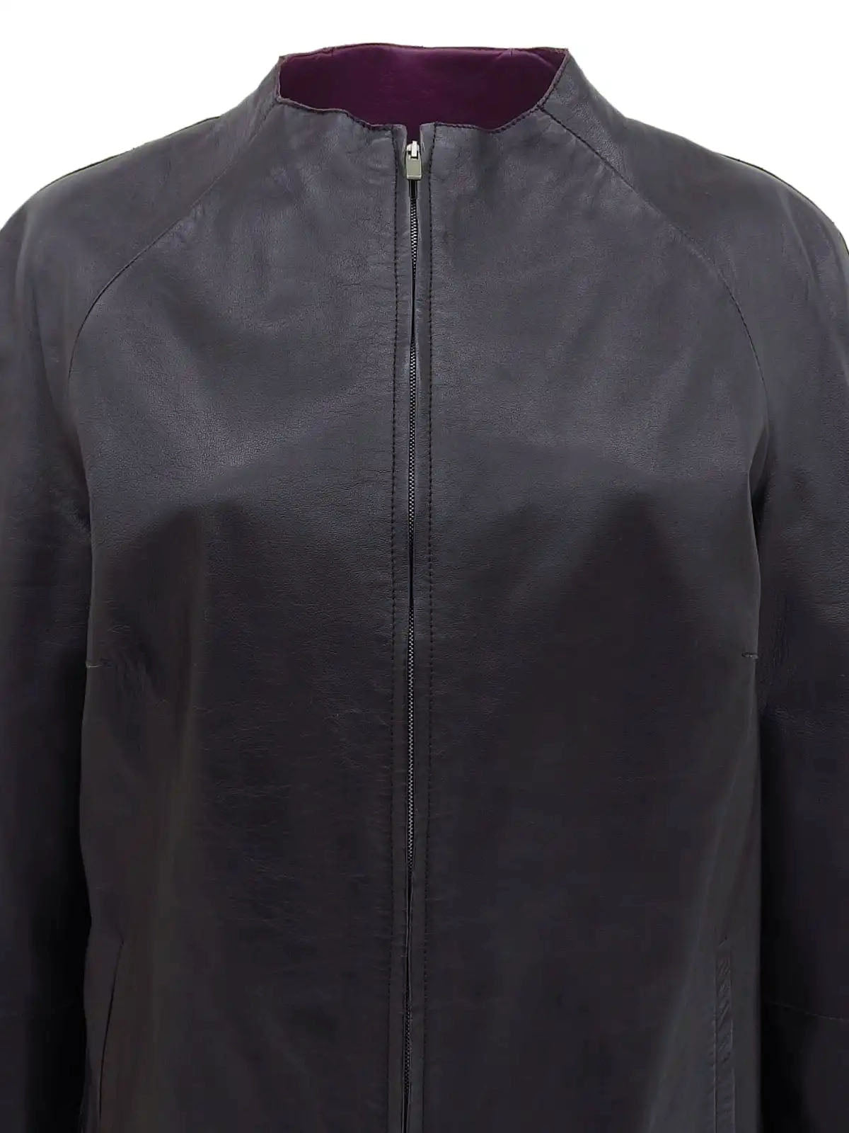 Leather collarless zip-up jacket in purple