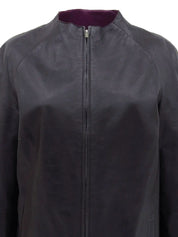 Leather collarless zip-up jacket in purple