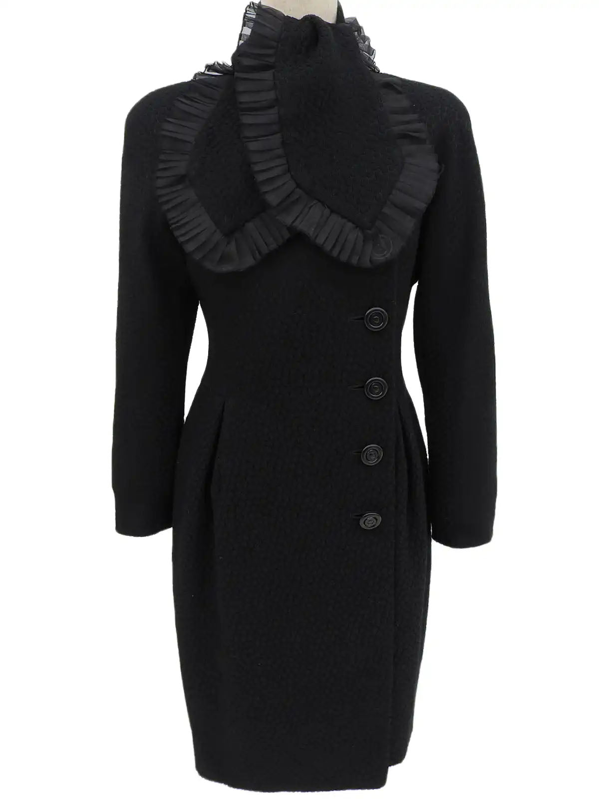Wool Frill Attached Collar Coat in Black