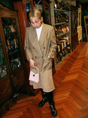 Wool check pattern logo button double-breasted jacket in beige/multi