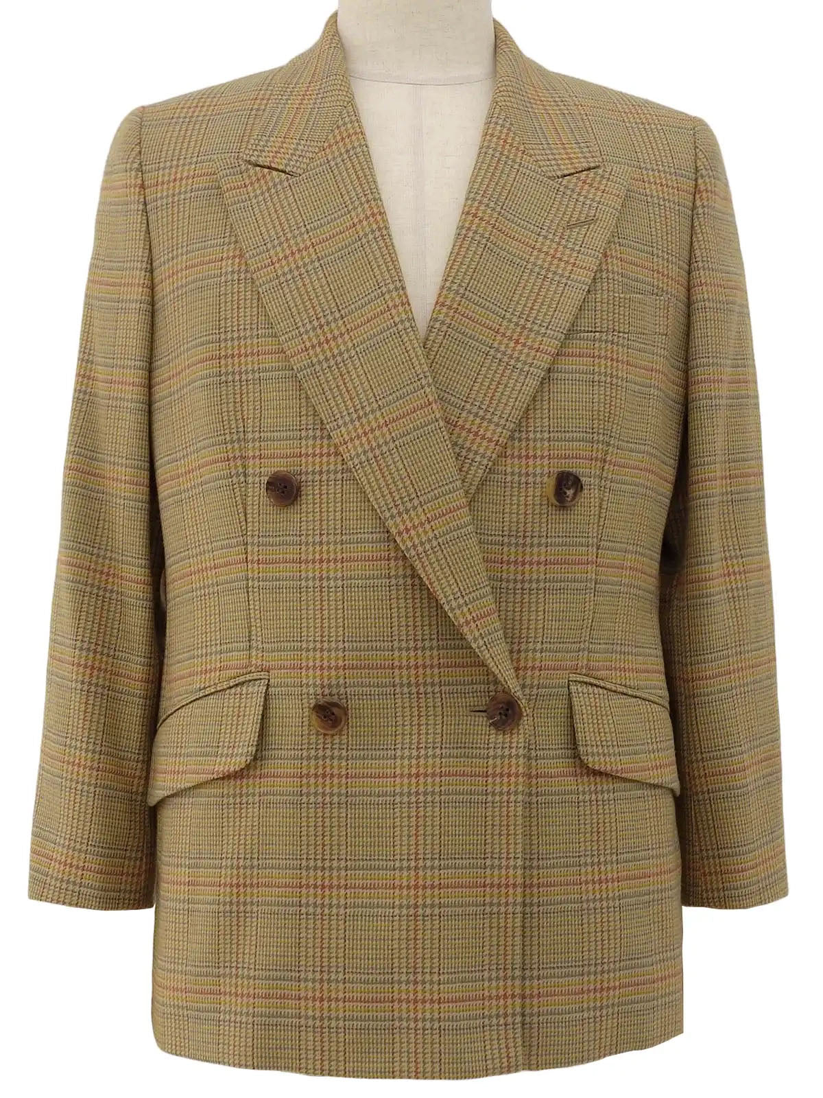 Wool check pattern logo button double-breasted jacket in beige/multi