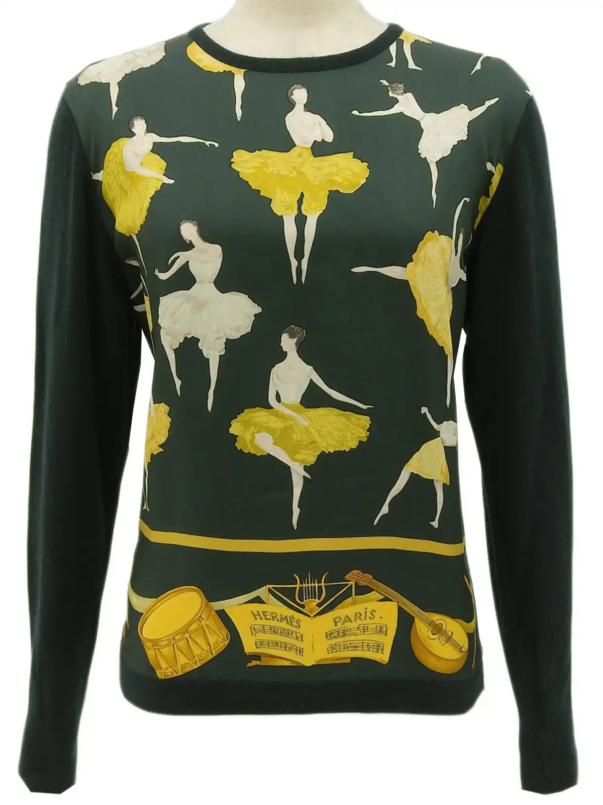 Silk knit combination ballerina pattern long sleeve top in dark green/multi