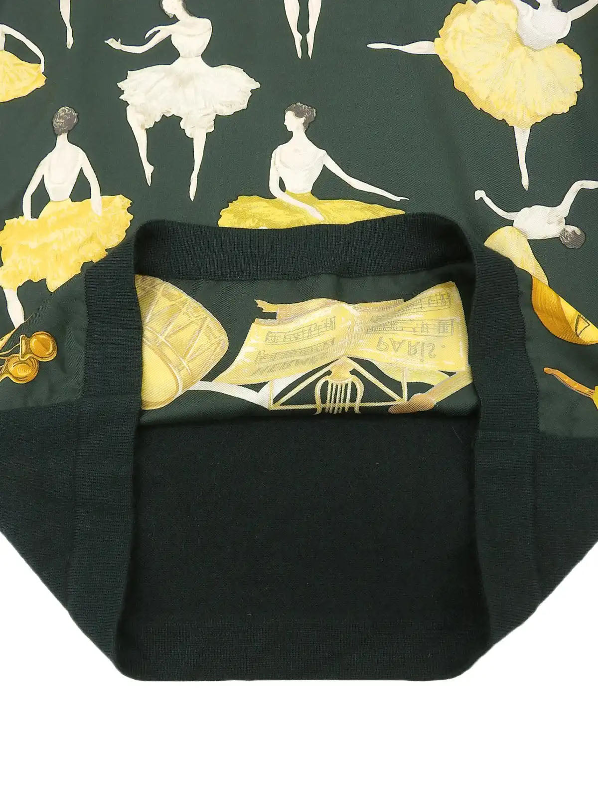 Silk knit combination ballerina pattern long sleeve top in dark green/multi