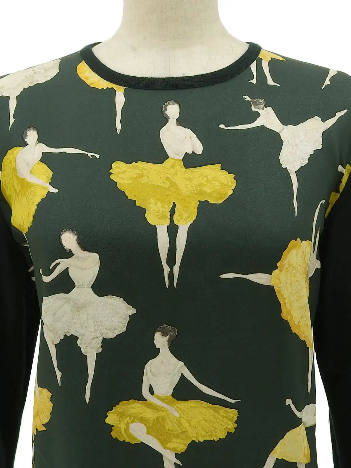 Silk knit combination ballerina pattern long sleeve top in dark green/multi