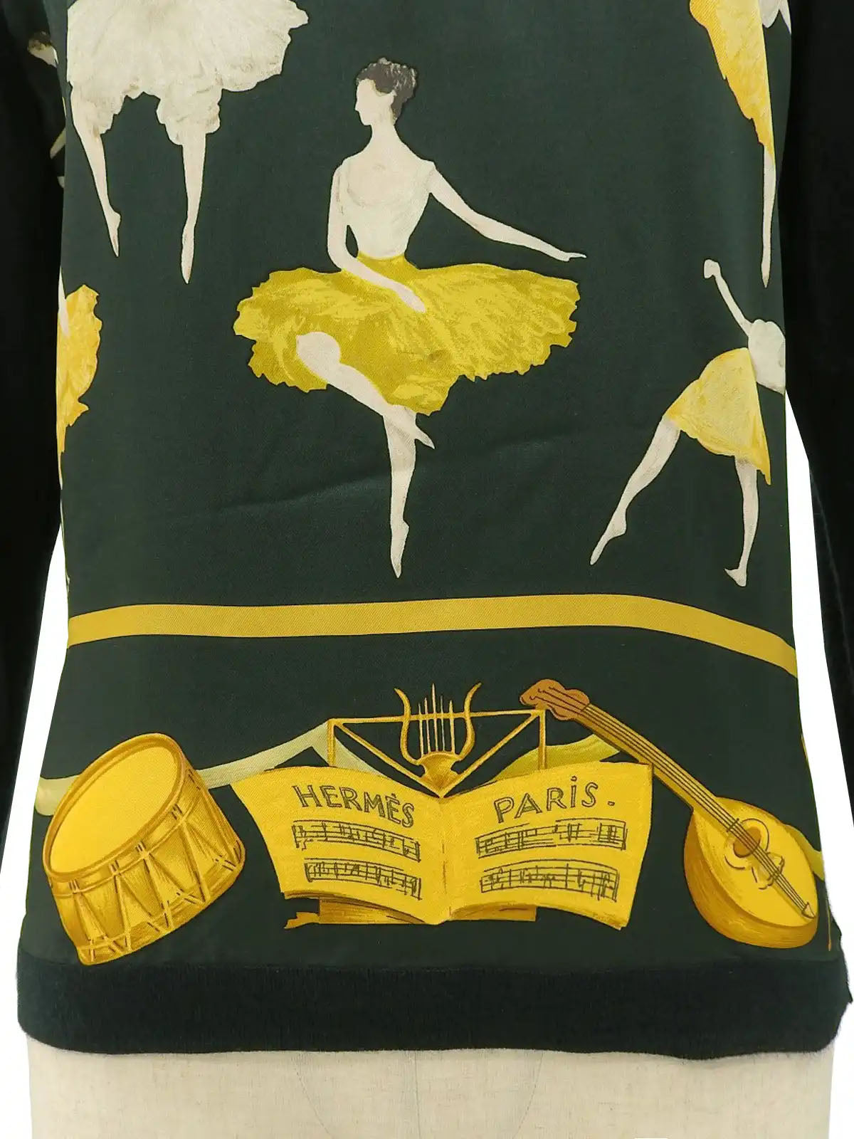 Silk knit combination ballerina pattern long sleeve top in dark green/multi