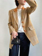 Wool and suede combination check pattern jacket in camel and multicolor