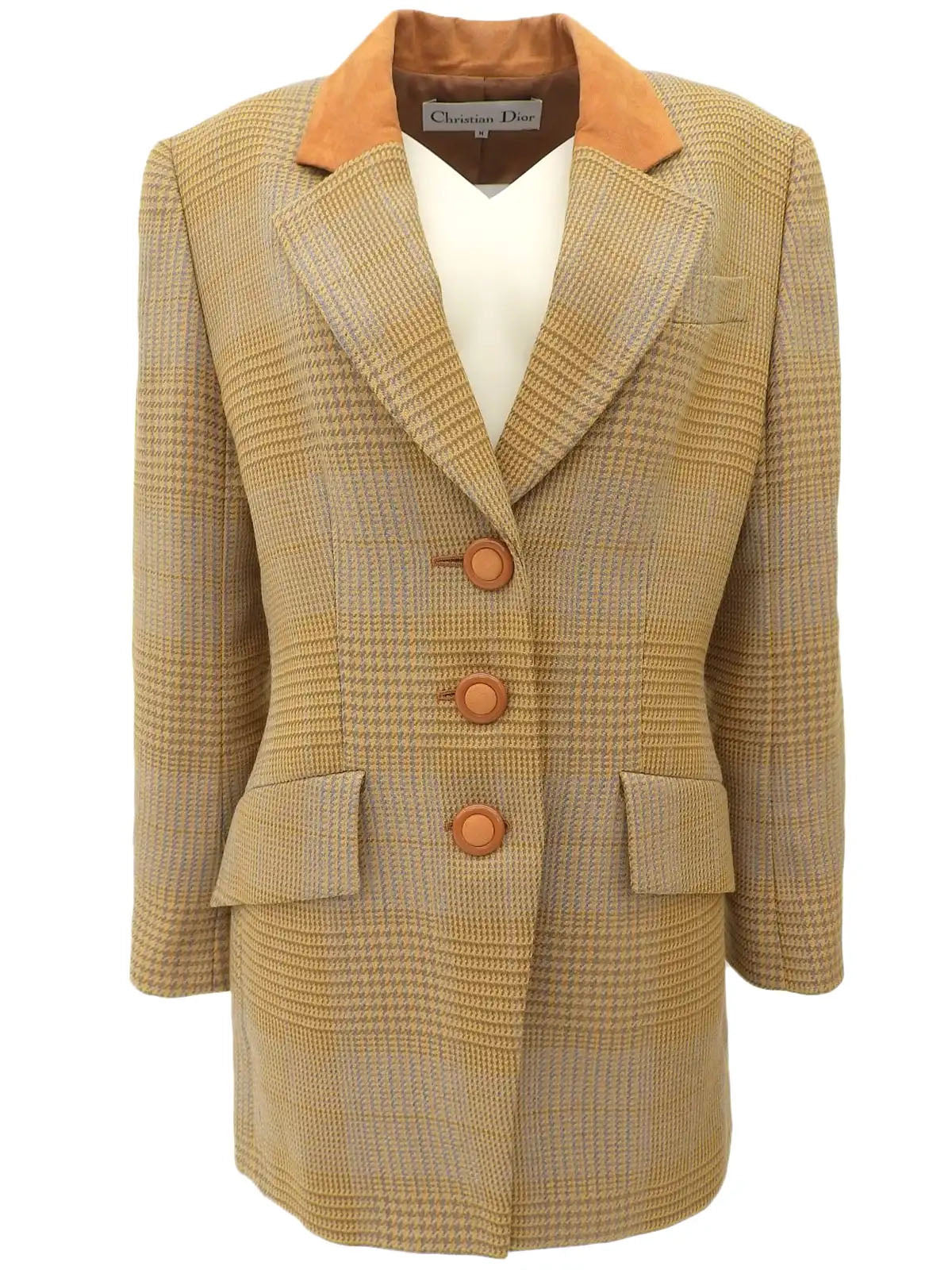Wool and suede combination check pattern jacket in camel and multicolor