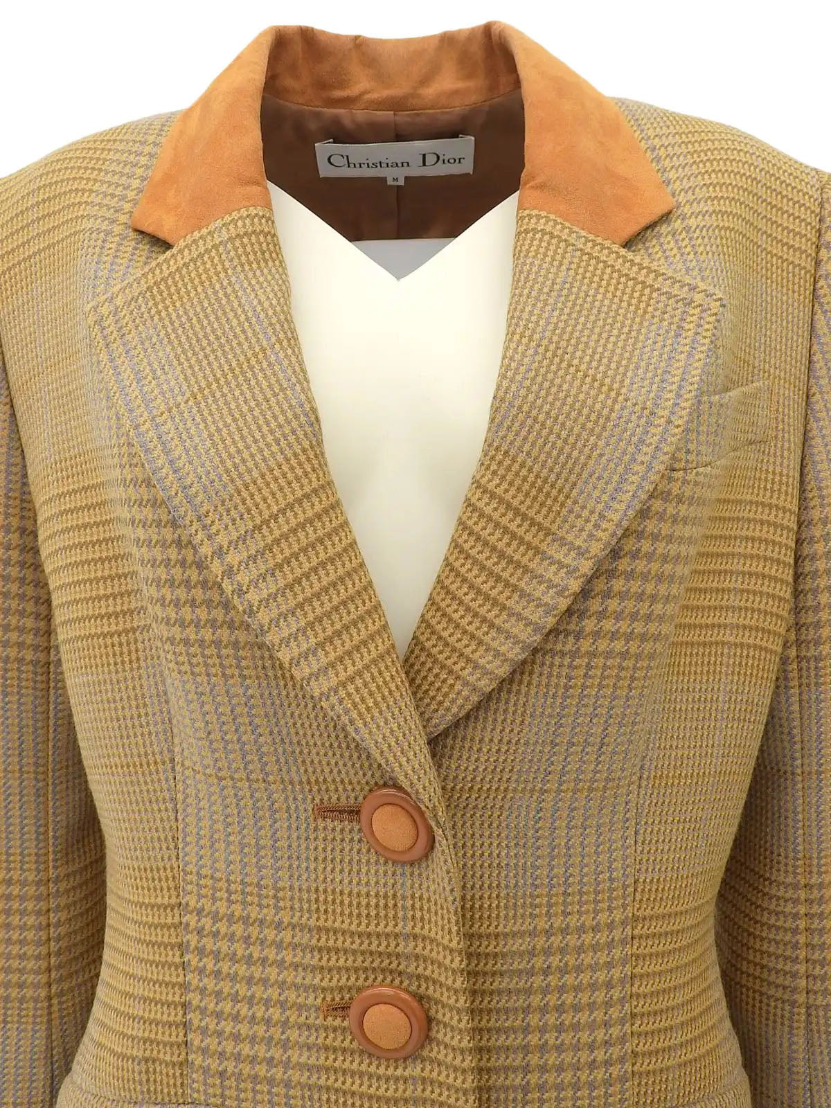 Wool and suede combination check pattern jacket in camel and multicolor