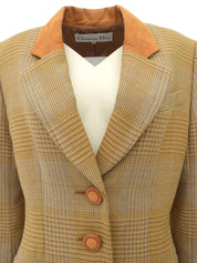 Wool and suede combination check pattern jacket in camel and multicolor