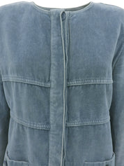 2002 Velvet Logo Button Collarless Jacket Blue