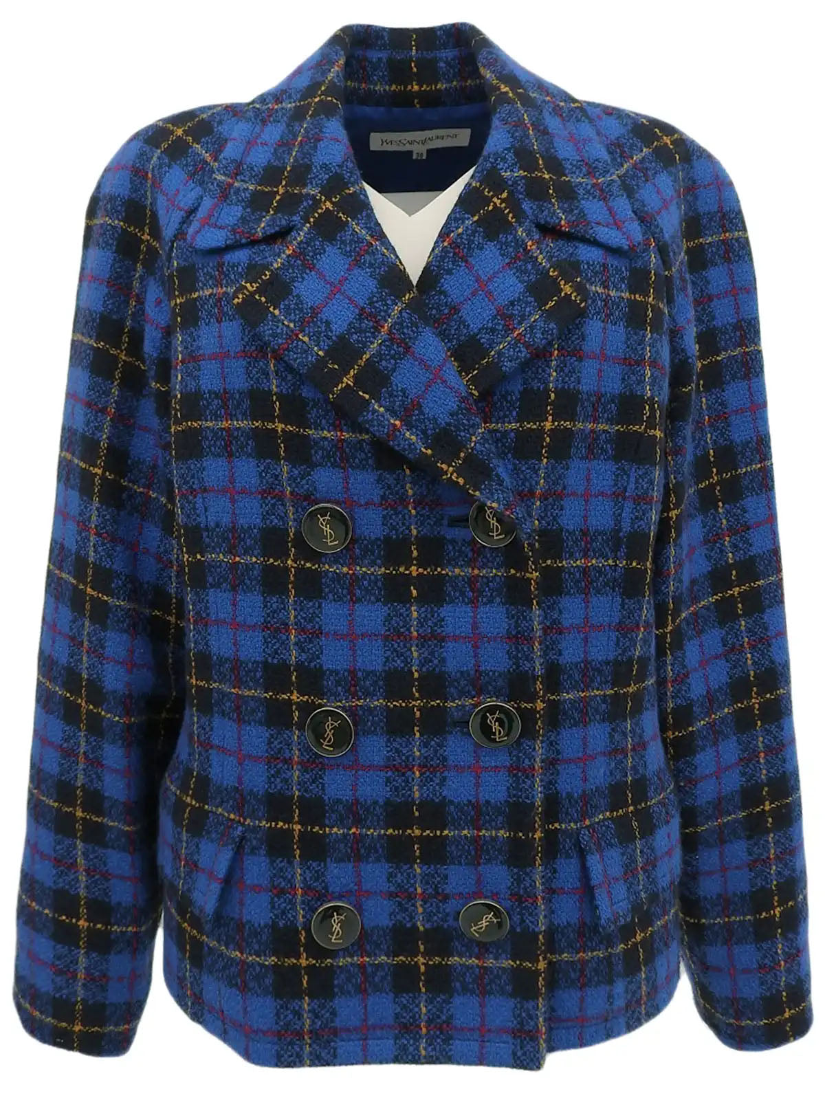 ツイードチェックパターンロゴボタンダブルブレストジャケット　ブルー／ブラック／マルチ