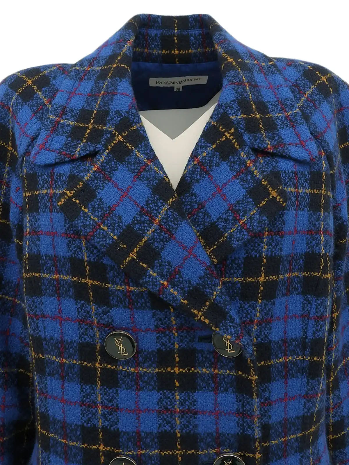 ツイードチェックパターンロゴボタンダブルブレストジャケット　ブルー／ブラック／マルチ