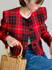 Tweed check pattern cropped jacket in red, black, and white