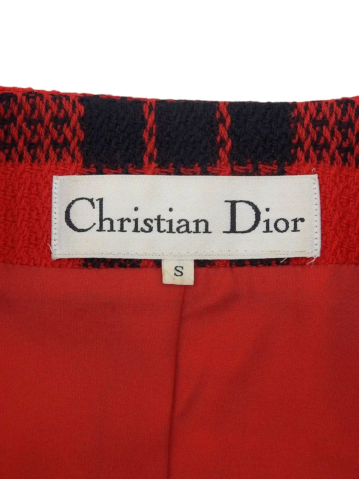 Tweed check pattern cropped jacket in red, black, and white