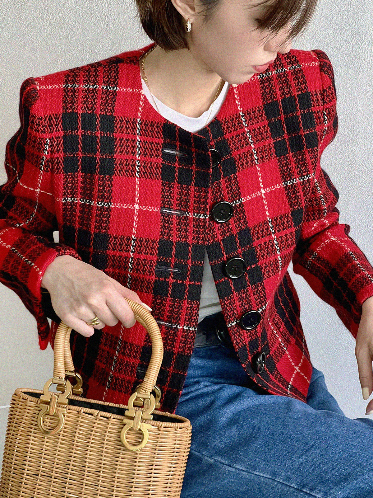 Tweed check pattern cropped jacket in red, black, and white