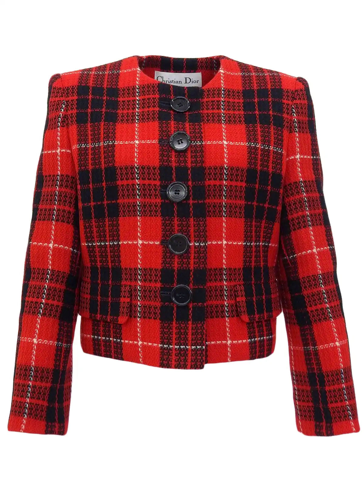 Tweed check pattern cropped jacket in red, black, and white